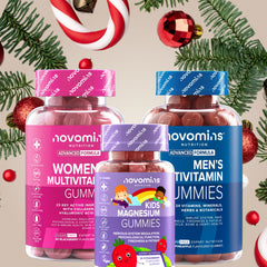 Bottle's of Novomins Gummies with Christmas decorations